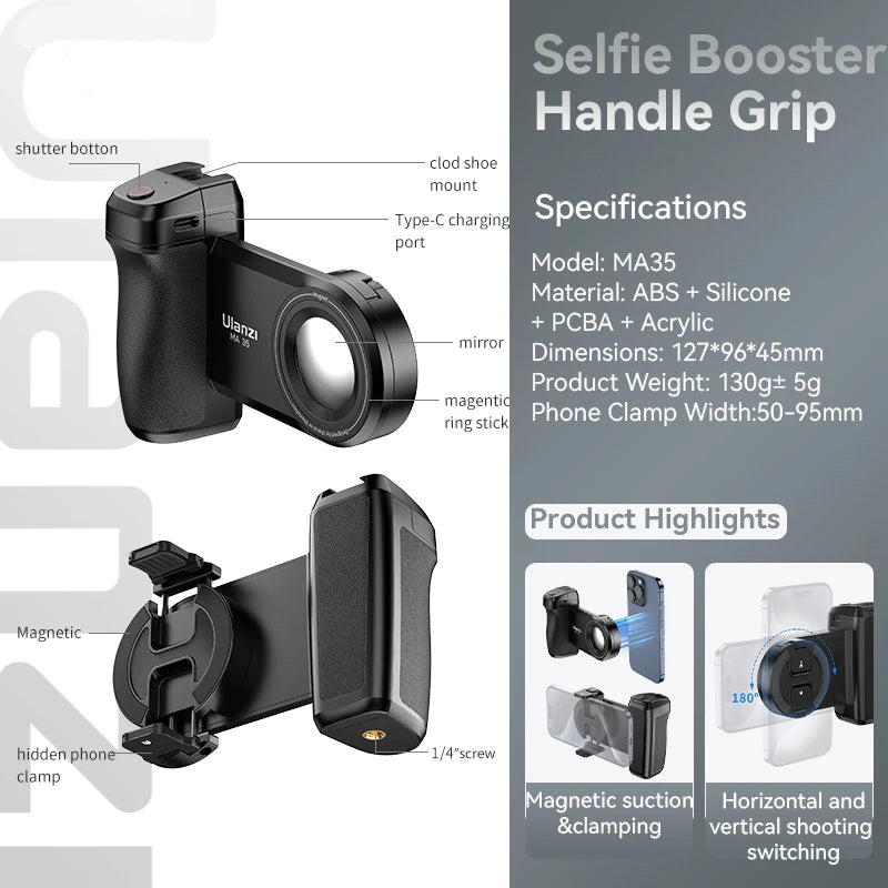 MA35 Bluetooth Selfie Grip – Magnetic Phone Handle With Remote Shutter for Smooth Video Recording